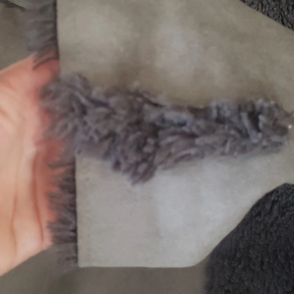 Women’s Taupe Faux-Suede Asymmetrical Coat with Black Faux-Fur Trim - Picture 10 of 11